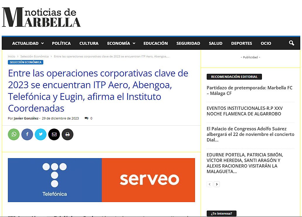 Entre las operaciones corporativas clave de 2023 se encuentran ITP Aero, Abengoa, Telefnica y Eugin, afirma el Instituto Coordenadas